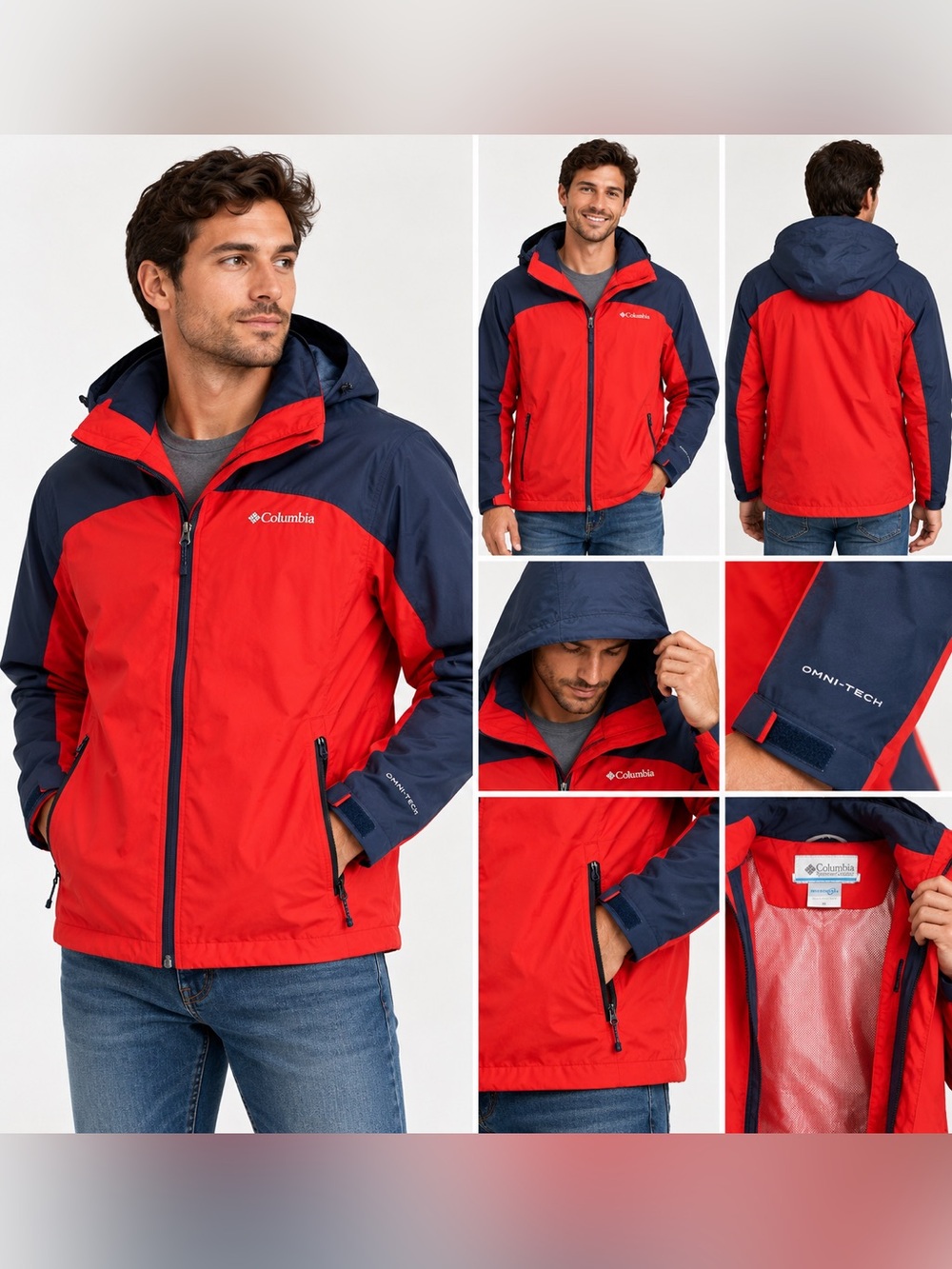 Columbia Interchange Omni-Tech Jacket Mens M Red Navy Waterproof nylon hood shel